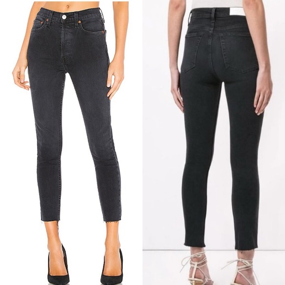Re/Done Denim - Re/Done Originals High Rise Ankle Crop Jeans: Faded Black Wash